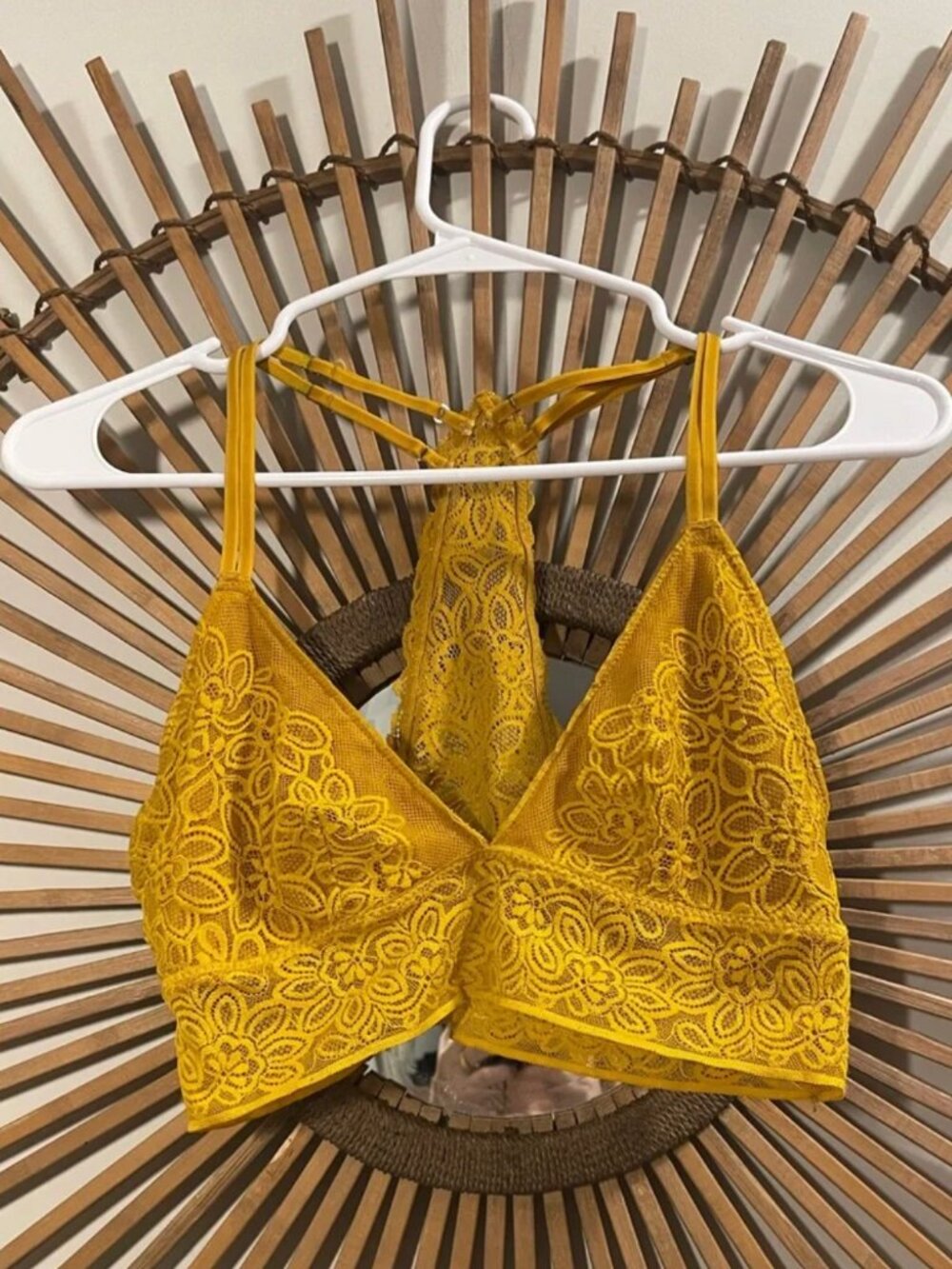 Aerie Mustard Yellow Lace Bralette lounge Layering Racerback Coquette Boho Sz M